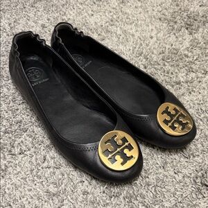 Tory Burch Black Flats with Gold Emblem